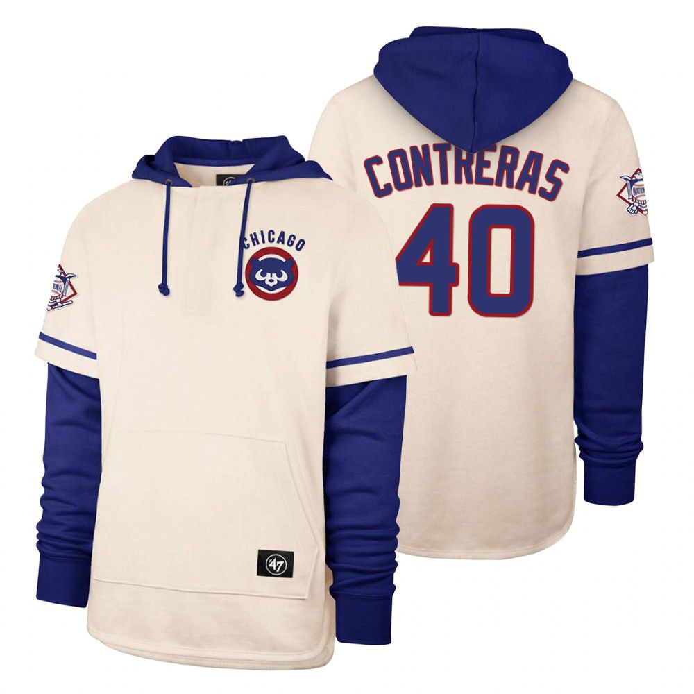 Men Chicago Cubs #40 Contreras Cream 2021 Pullover Hoodie MLB Jersey